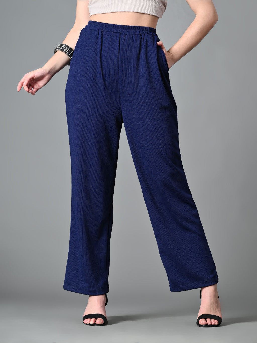 Myshka Women's Solid Ribbed High-Rise Wide Leg Casual Trousers in Navy Blue Color