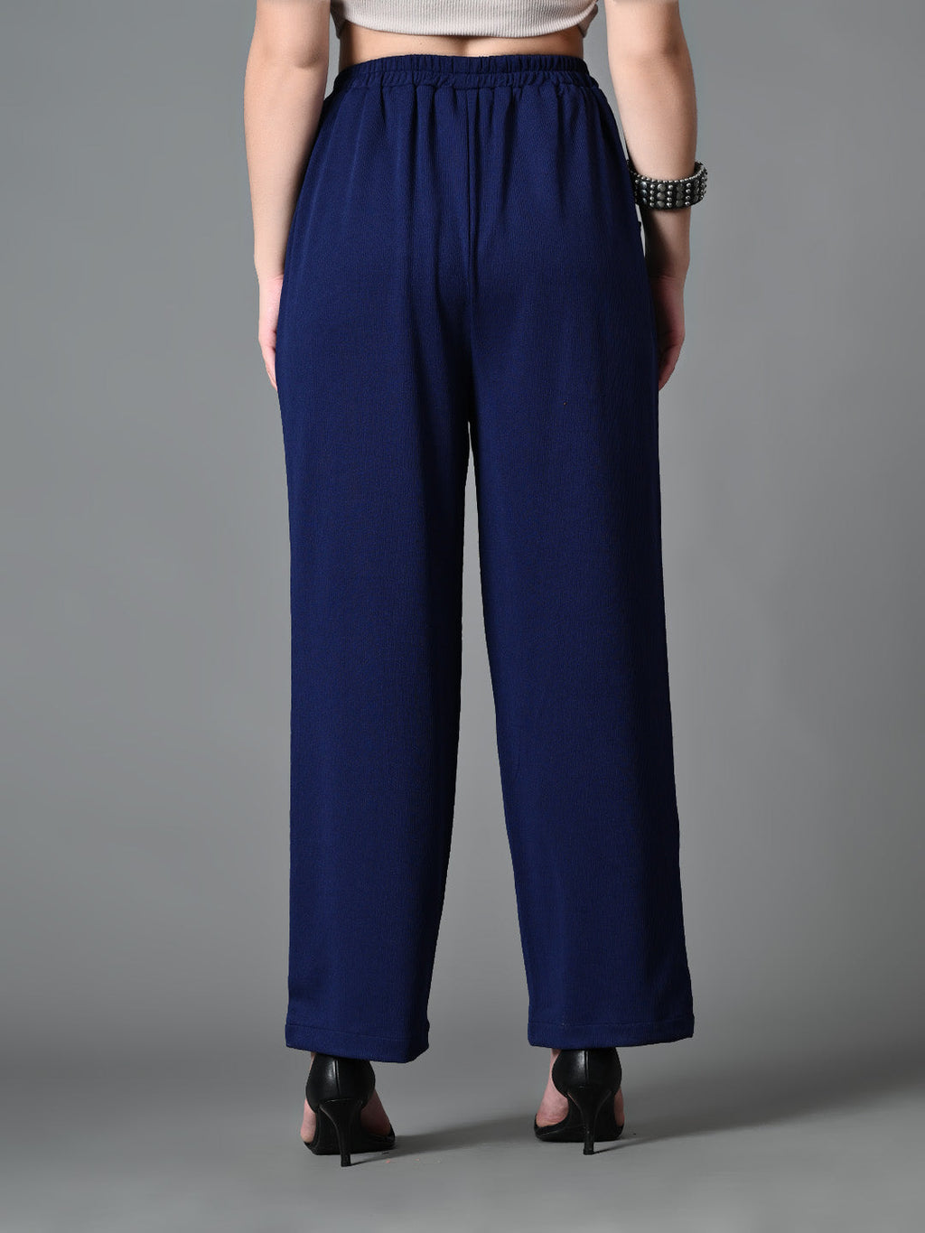 Myshka Women's Solid Ribbed High-Rise Wide Leg Casual Trousers in Navy Blue Color