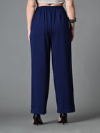 Myshka Women's Solid Ribbed High-Rise Wide Leg Casual Trousers in Navy Blue Color