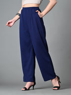 Myshka Women's Solid Ribbed High-Rise Wide Leg Casual Trousers in Navy Blue Color