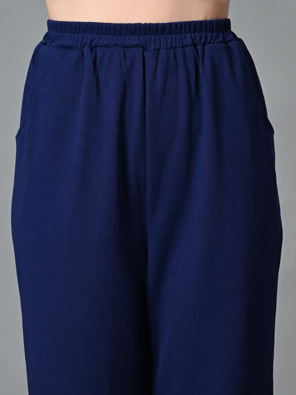 Myshka Women's Solid Ribbed High-Rise Wide Leg Casual Trousers in Navy Blue Color