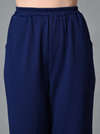 Myshka Women's Solid Ribbed High-Rise Wide Leg Casual Trousers in Navy Blue Color