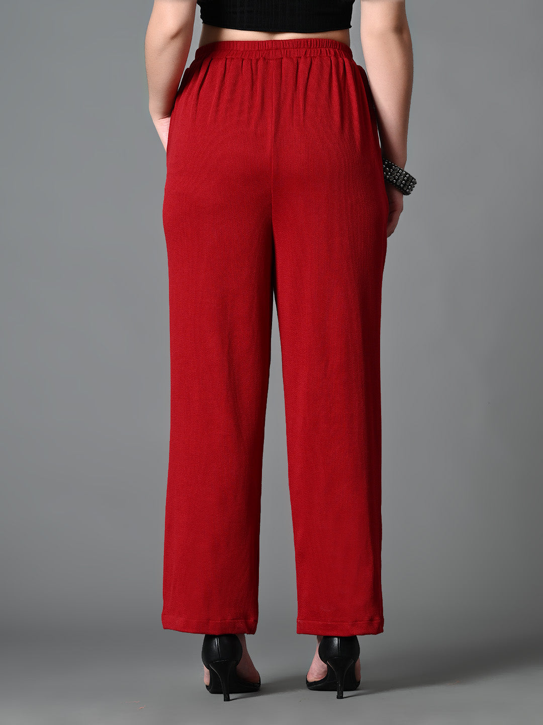 Myshka Women's Solid Ribbed High-Rise Wide Leg Casual Trousers in Maroon Color