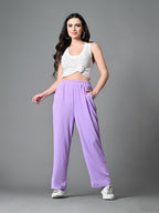 Myshka Women's Solid Ribbed High-Rise Wide Leg Casual Trousers in Lavender Color