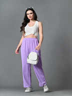 Myshka Women's Solid Ribbed High-Rise Wide Leg Casual Trousers in Lavender Color