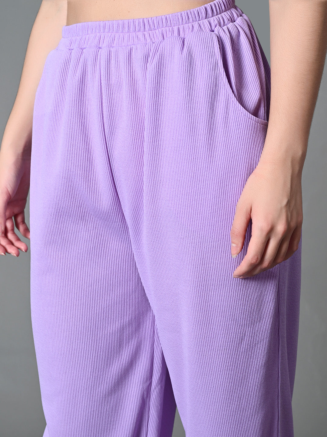 Myshka Women's Solid Ribbed High-Rise Wide Leg Casual Trousers in Lavender Color