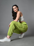 Myshka Women's Solid Ribbed High-Rise Cargo Style Casual Trousers in Green Color
