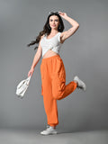 Myshka Women's Solid Ribbed High-Rise Cargo Style Casual Trousers in Orange Color