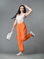 Myshka Women's Solid Ribbed High-Rise Cargo Style Casual Trousers in Orange Color