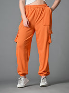 Myshka Women's Solid Ribbed High-Rise Cargo Style Casual Trousers in Orange Color