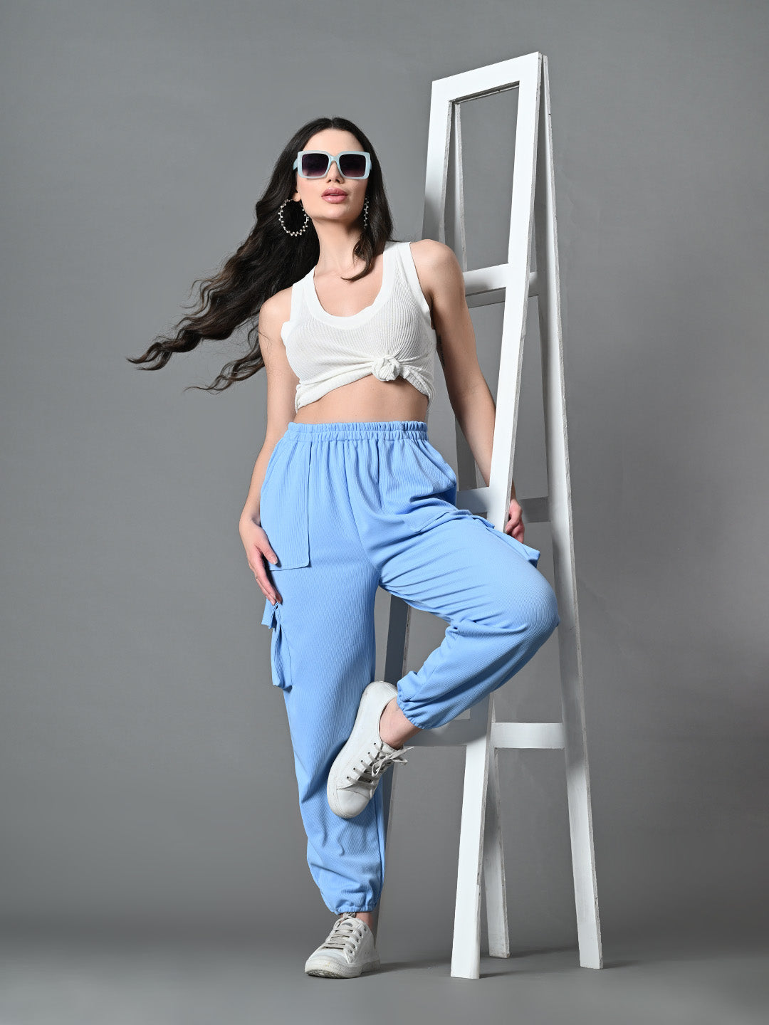 Myshka Women's Solid Ribbed High-Rise Cargo Style Casual Trousers in Blue Color