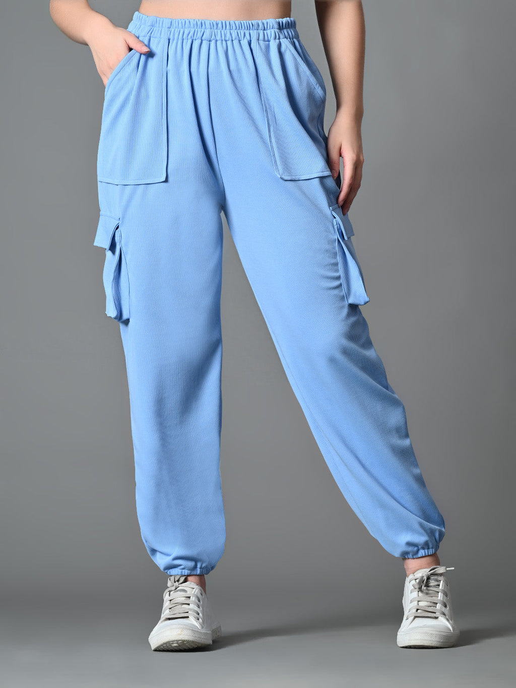 Myshka Women's Solid Ribbed High-Rise Cargo Style Casual Trousers in Blue Color