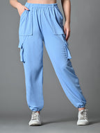 Myshka Women's Solid Ribbed High-Rise Cargo Style Casual Trousers in Blue Color