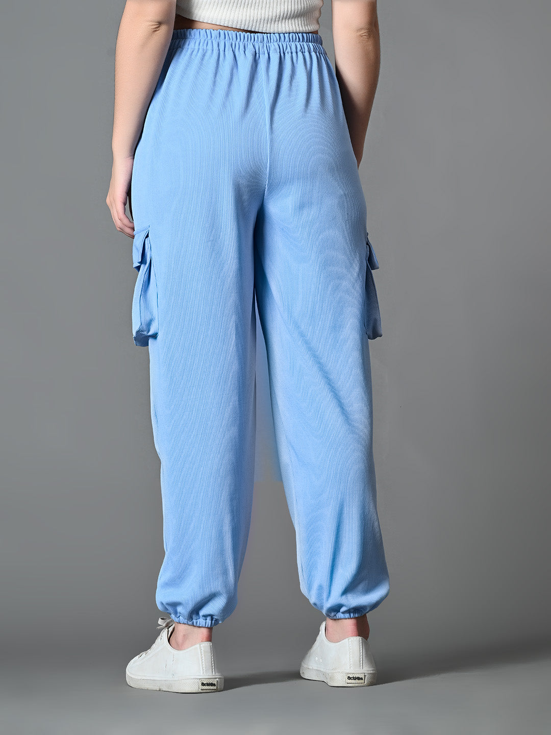 Myshka Women's Solid Ribbed High-Rise Cargo Style Casual Trousers in Blue Color