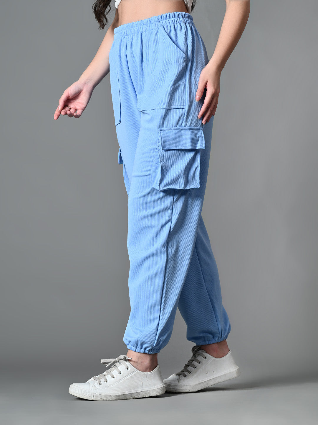 Myshka Women's Solid Ribbed High-Rise Cargo Style Casual Trousers in Blue Color