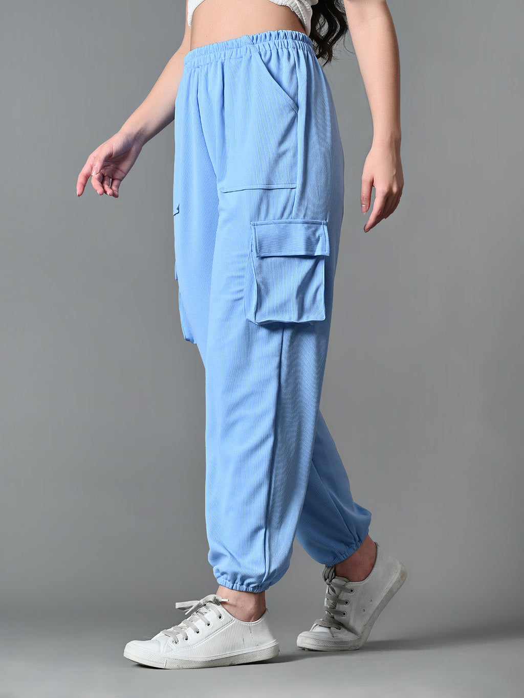Myshka Women's Solid Ribbed High-Rise Cargo Style Casual Trousers in Blue Color