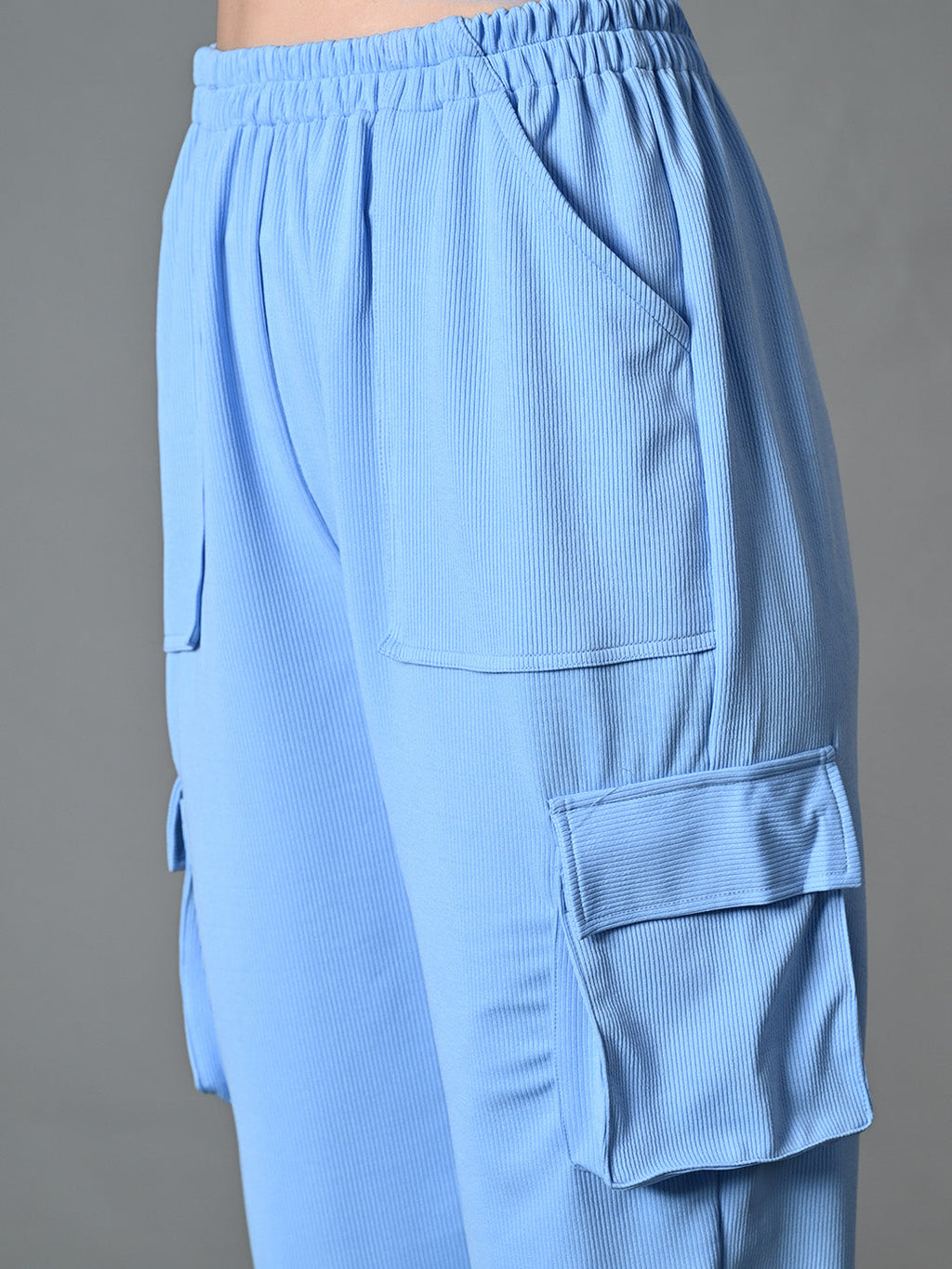 Myshka Women's Solid Ribbed High-Rise Cargo Style Casual Trousers in Blue Color