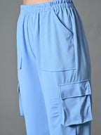 Myshka Women's Solid Ribbed High-Rise Cargo Style Casual Trousers in Blue Color