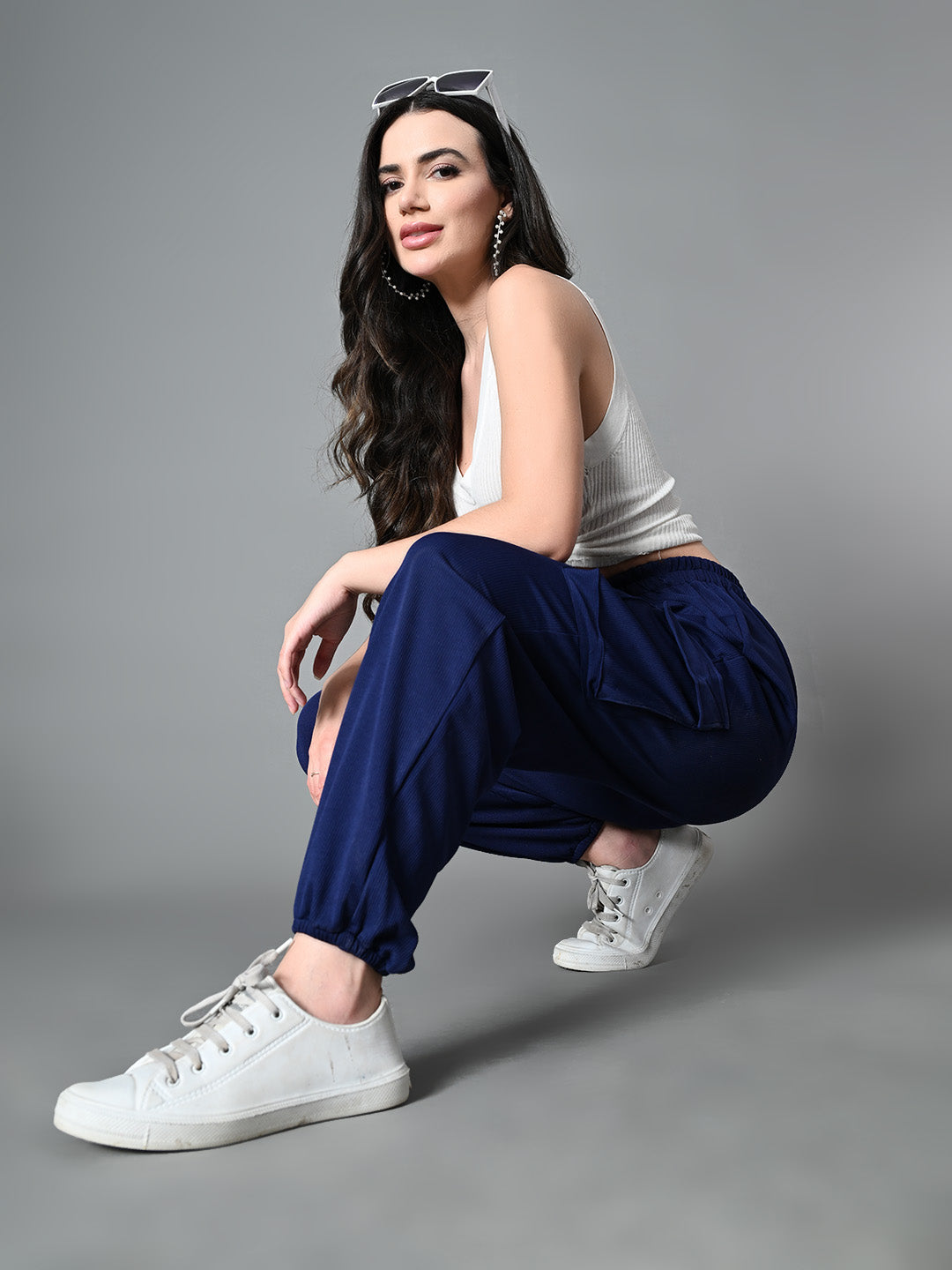 Myshka Women's Solid Ribbed High-Rise Cargo Style Casual Trousers in Navy Blue Color