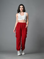 Myshka Women's Solid Ribbed High-Rise Cargo Style Casual Trousers in Maroon Color