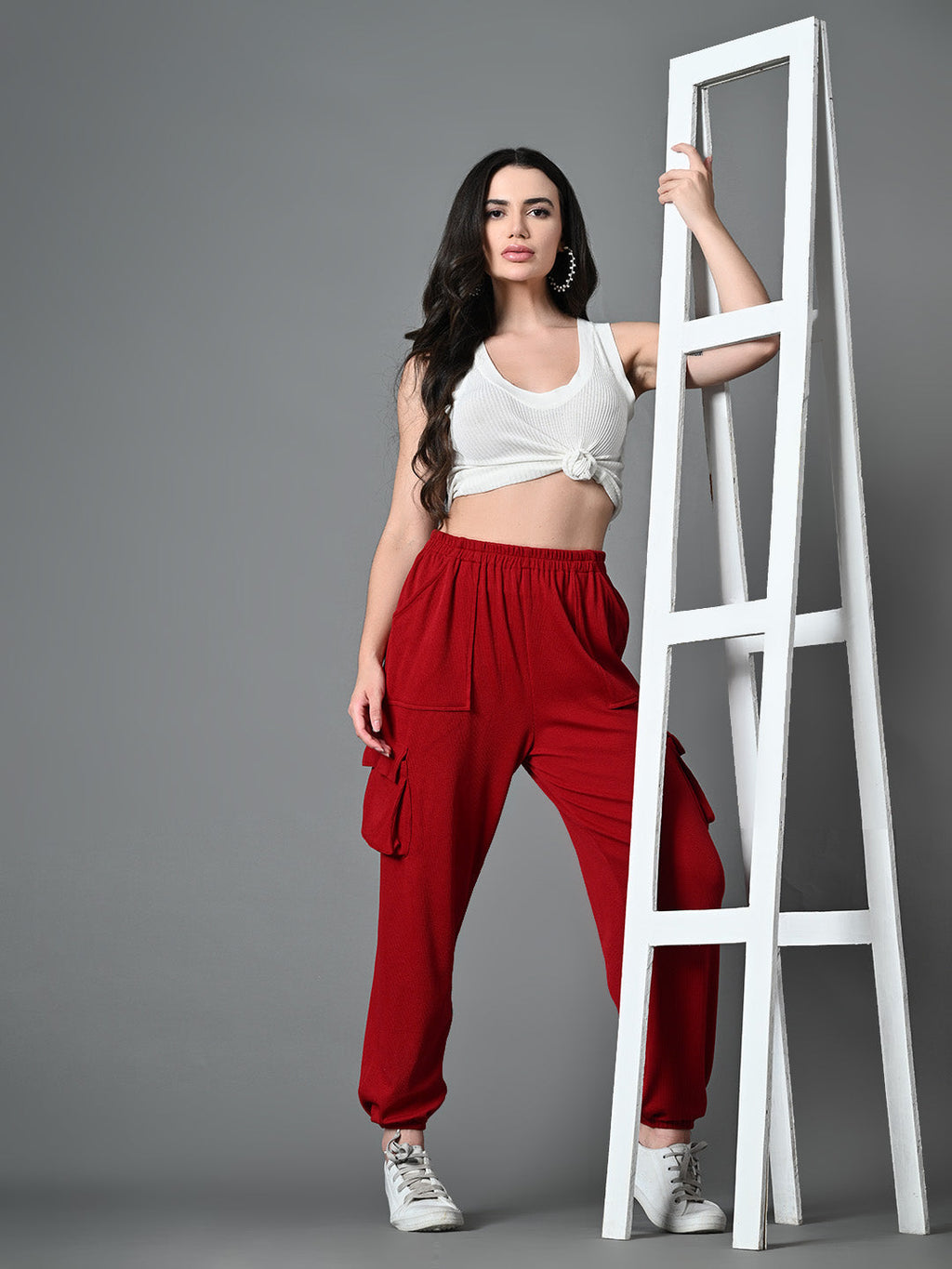 Myshka Women's Solid Ribbed High-Rise Cargo Style Casual Trousers in Maroon Color