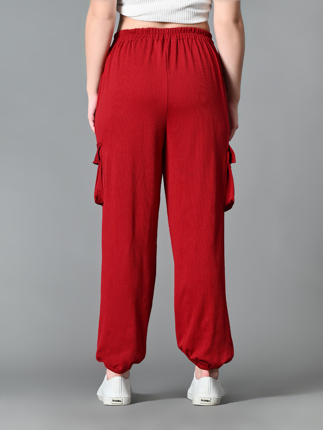 Myshka Women's Solid Ribbed High-Rise Cargo Style Casual Trousers in Maroon Color