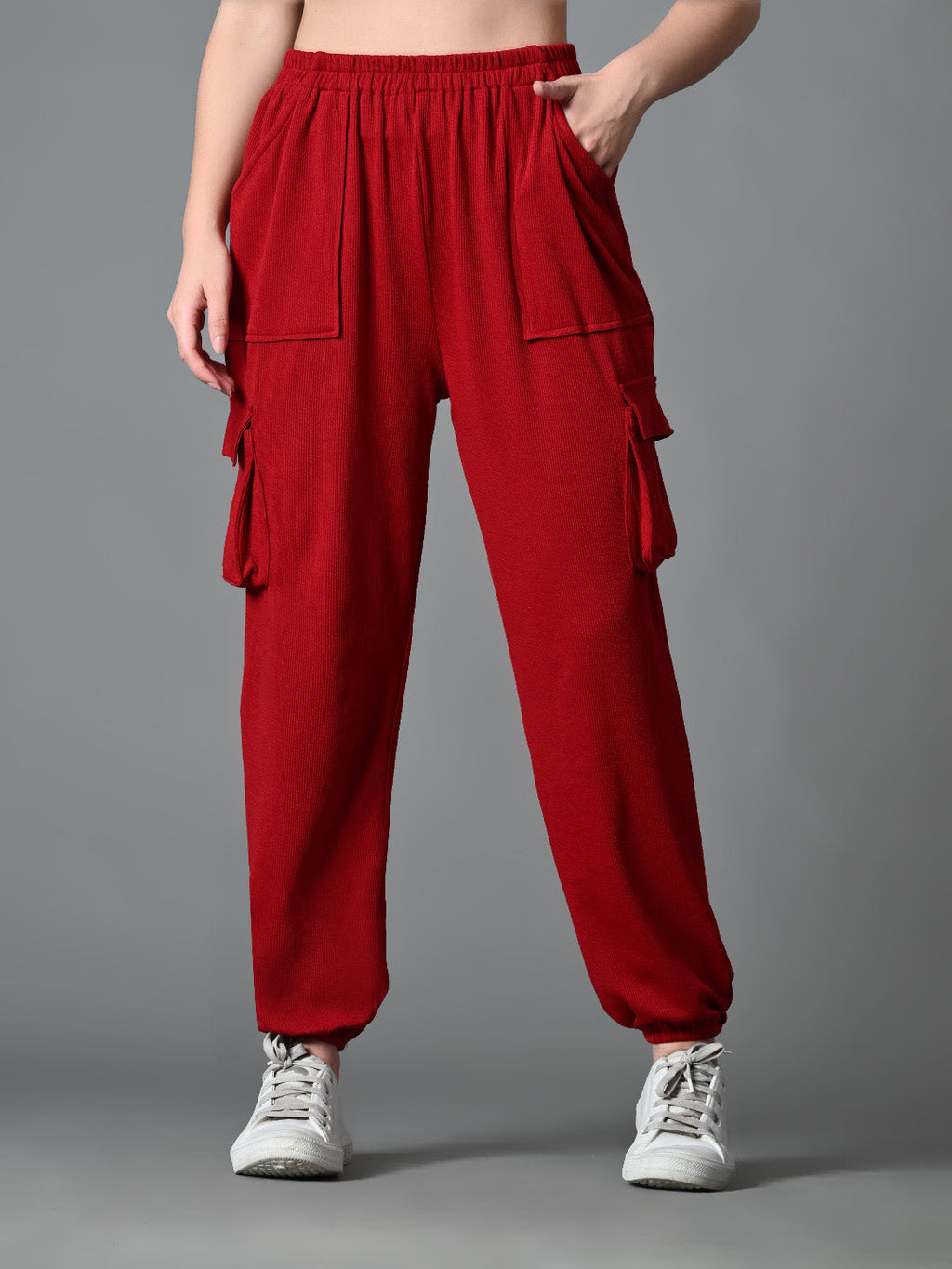Myshka Women's Solid Ribbed High-Rise Cargo Style Casual Trousers in Maroon Color