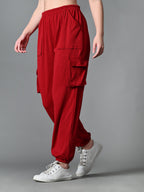Myshka Women's Solid Ribbed High-Rise Cargo Style Casual Trousers in Maroon Color