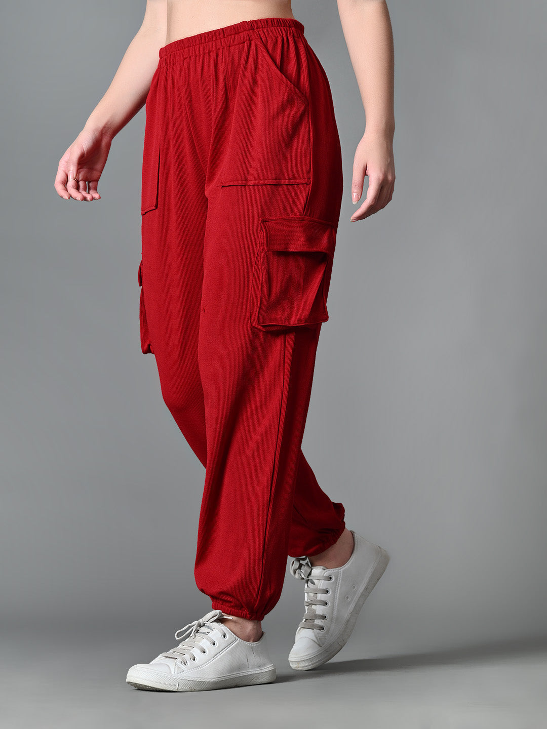 Myshka Women's Solid Ribbed High-Rise Cargo Style Casual Trousers in Maroon Color