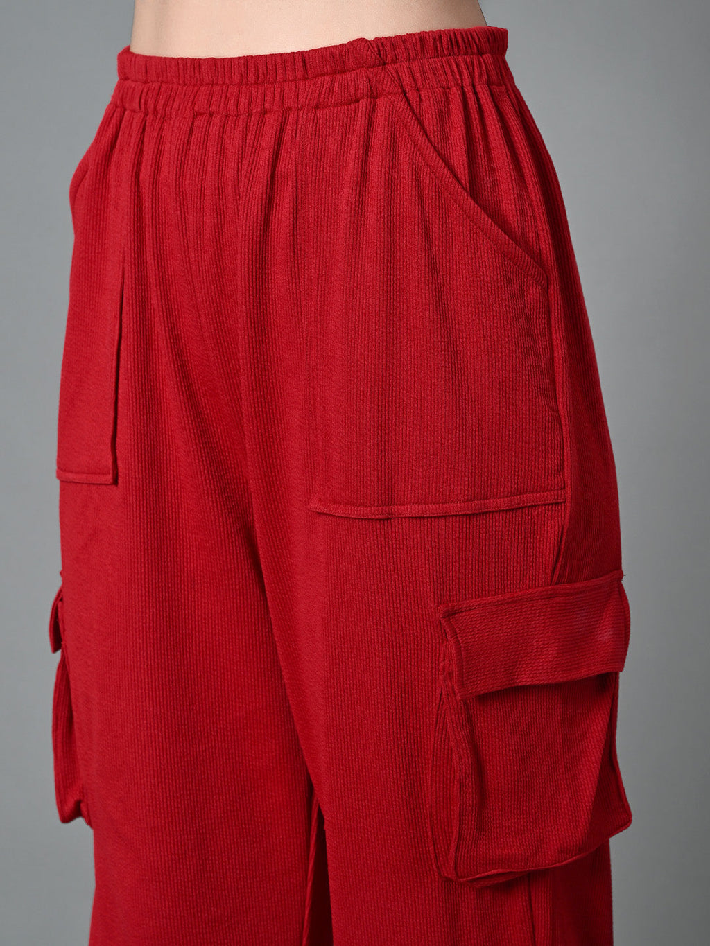 Myshka Women's Solid Ribbed High-Rise Cargo Style Casual Trousers in Maroon Color