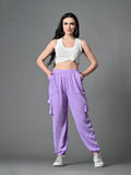 Myshka Women's Solid Ribbed High-Rise Cargo Style Casual Trousers in Lavender Color