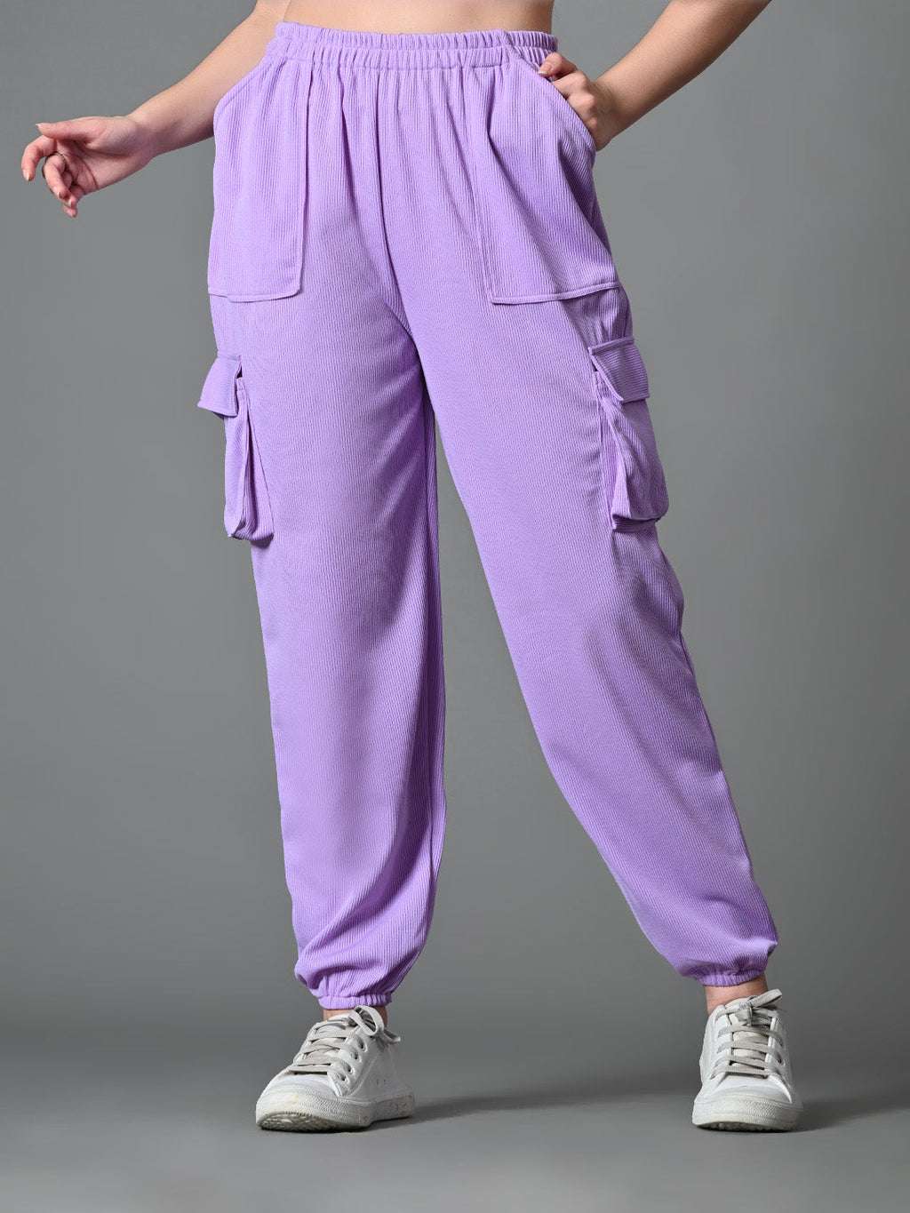 Myshka Women's Solid Ribbed High-Rise Cargo Style Casual Trousers in Lavender Color