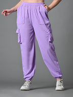 Myshka Women's Solid Ribbed High-Rise Cargo Style Casual Trousers in Lavender Color