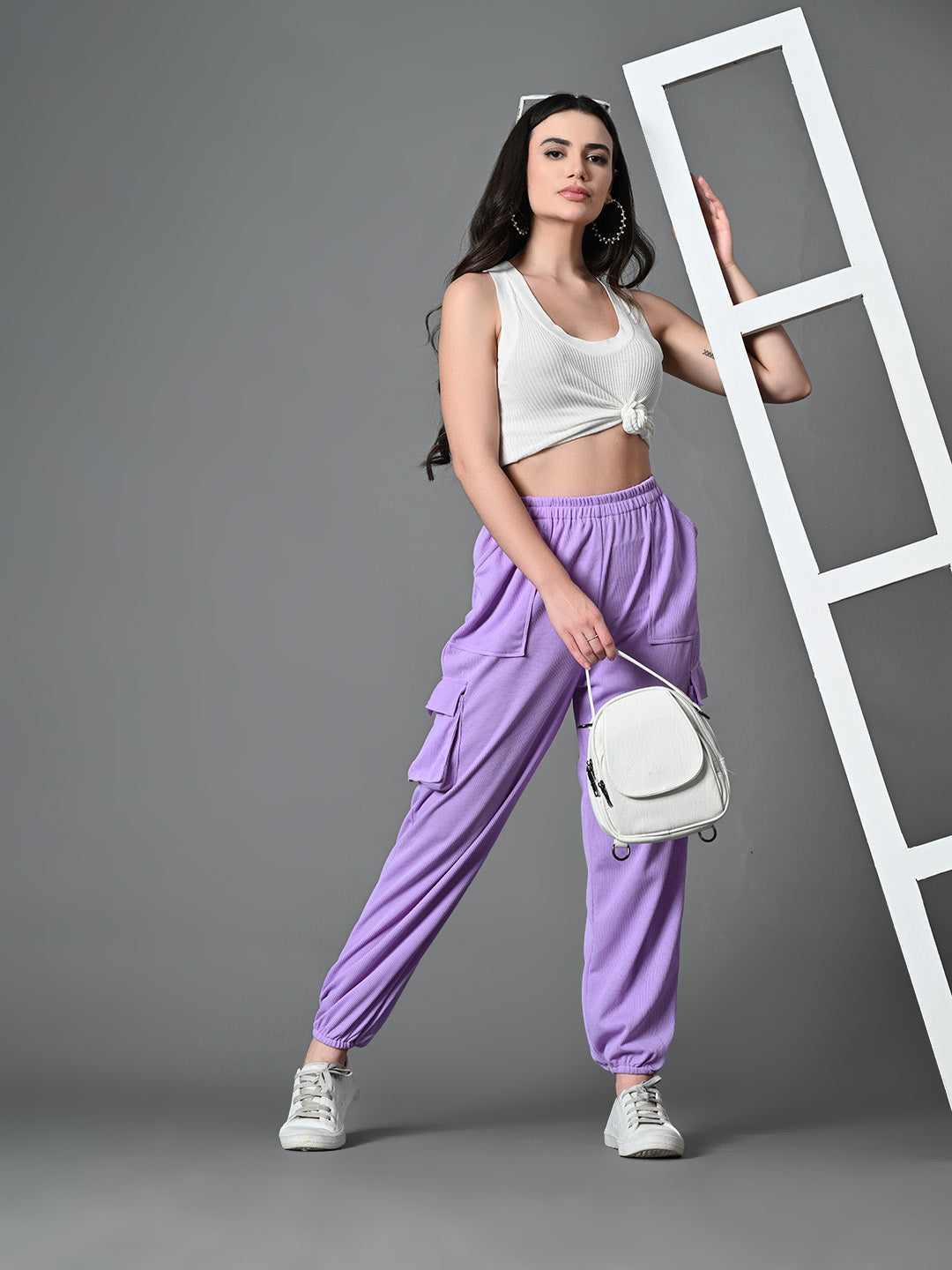 Myshka Women's Solid Ribbed High-Rise Cargo Style Casual Trousers in Lavender Color