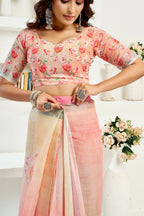 Vastranavya Peach Digital Printed Linen Ready To Wear Designer Saree with Unstitched Blouse - Distacart