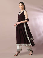 Myshka Women's Coffee Brown Solid Georgette Anarkali Party Kurta Set With Dupatta