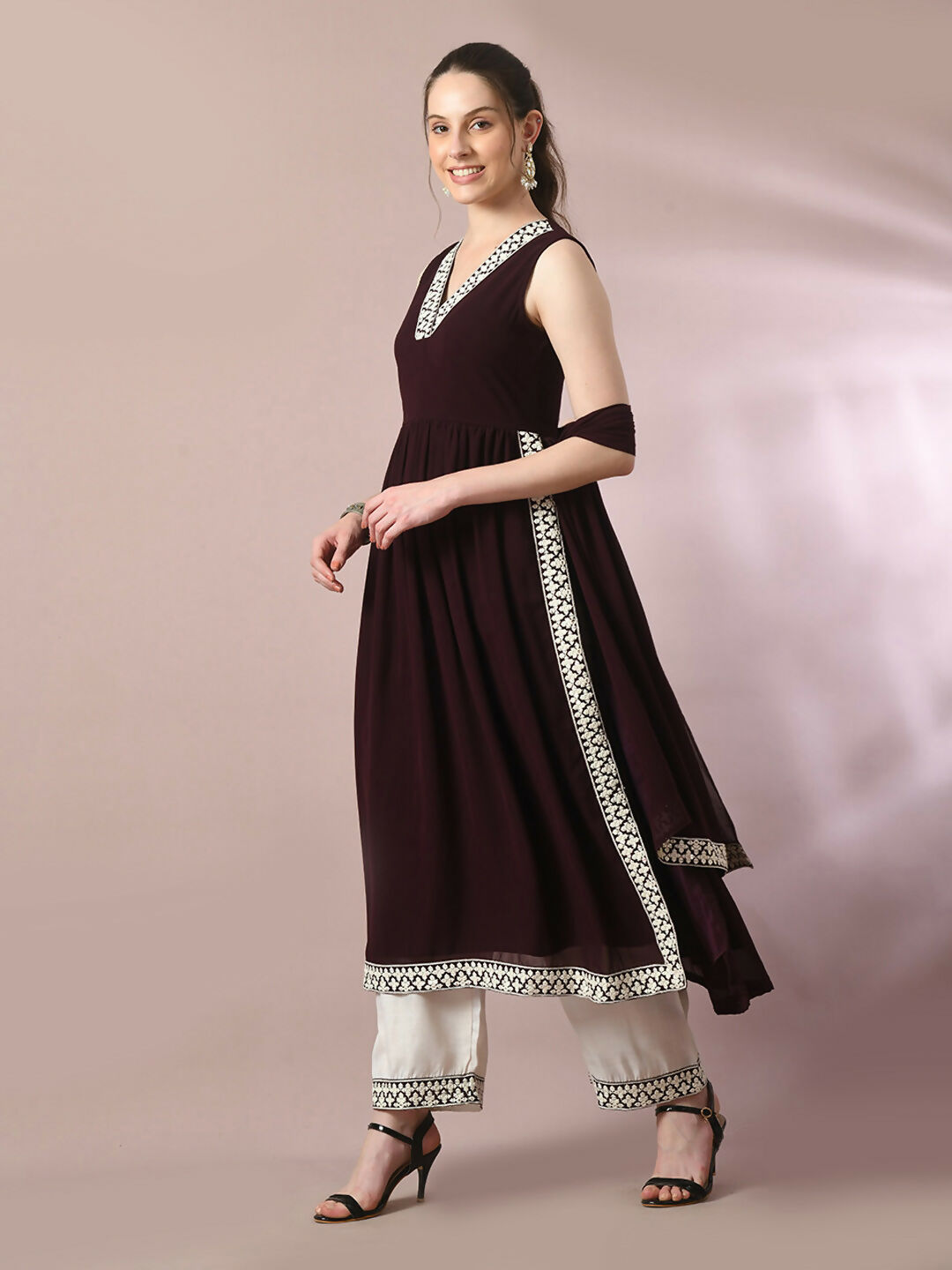Myshka Women's Coffee Brown Solid Georgette Anarkali Party Kurta Set With Dupatta