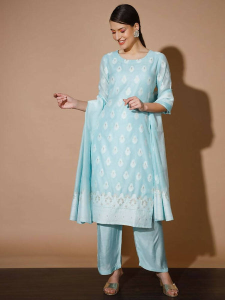Myshka Women Blue Printed Kurta & Palazzos With Dupatta
