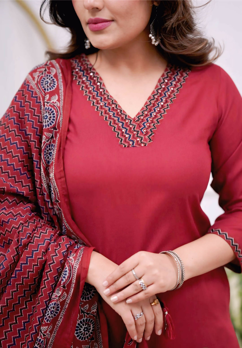 The52 Maroon Women's Gorgeous Parampara Fabric Embroidered Work Straight Kurta Pant and Dupatta Set - Distacart