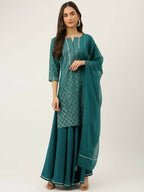 FIORRA Women's Teal Green Crepe Straight Kurta Skirt With Dupatta