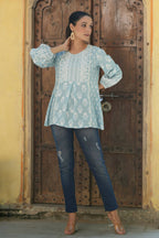 Juniper Women's Skyblue Cambric Placement Floral Printed Tunic - Distacart