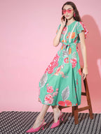 Myshka Women's Green Floral Printed Empire Dress - Distacart