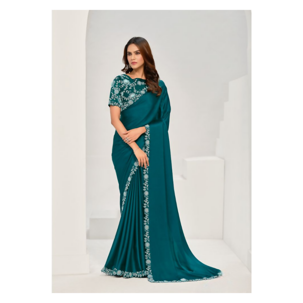 Teal Crepe Satin Silk Sequence & Applique Saree with Unstitched Blouse Piece - Norita Saanjh
