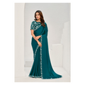 Teal Crepe Satin Silk Sequence & Applique Saree with Unstitched Blouse Piece - Norita Saanjh