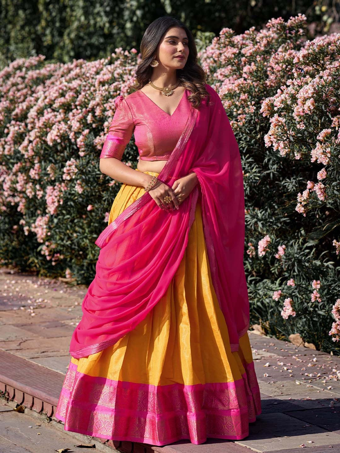 Lorenvalley Mustard Kanchipuram Zari Weaving Work Lehenga Choli with Dupatta