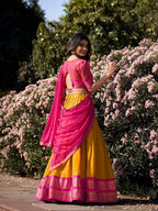 Lorenvalley Mustard Kanchipuram Zari Weaving Work Lehenga Choli with Dupatta