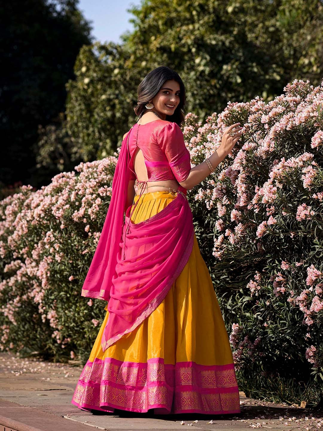 Lorenvalley Mustard Kanchipuram Zari Weaving Work Lehenga Choli with Dupatta