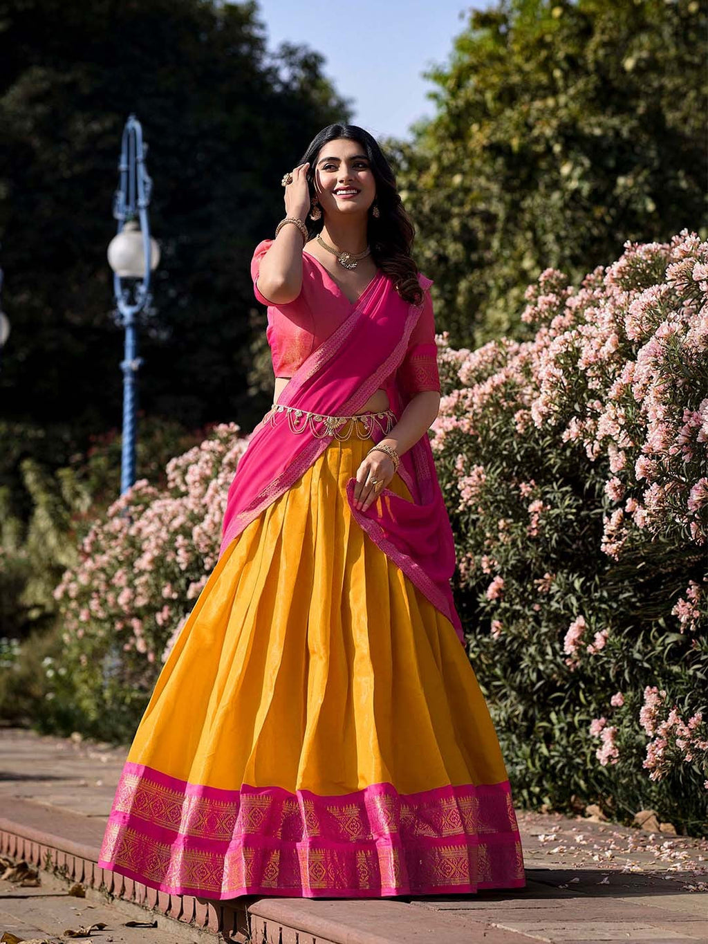 Evanik Women South-Style Kanchipuram Silk Stitched Lehenga With Unstitched Blouse & Dupatta - Distacart