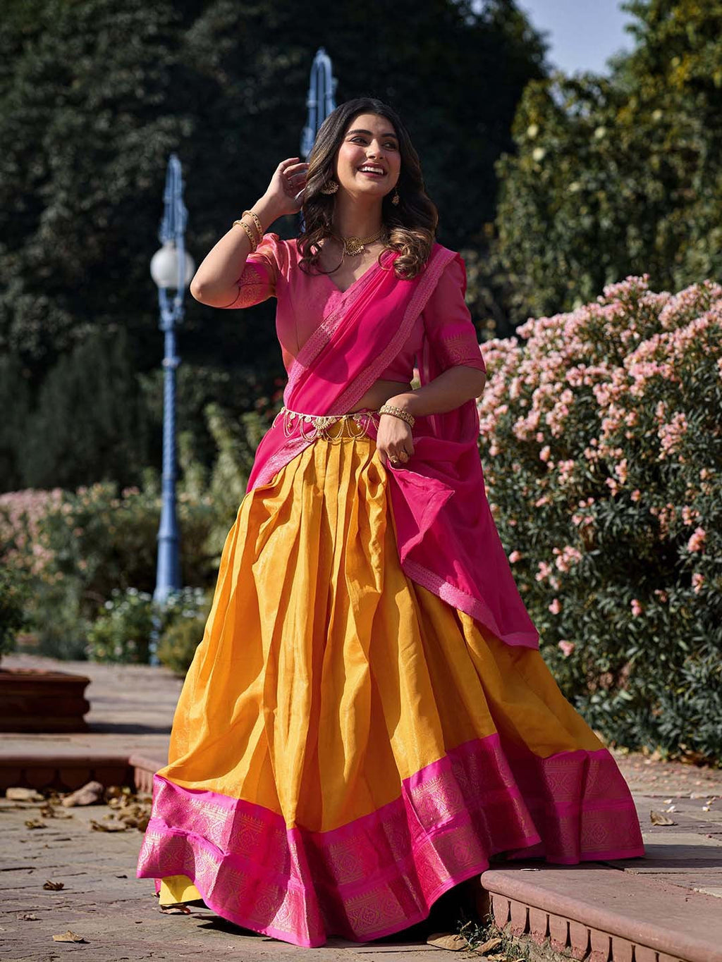 Lorenvalley Mustard Kanchipuram Zari Weaving Work Lehenga Choli with Dupatta