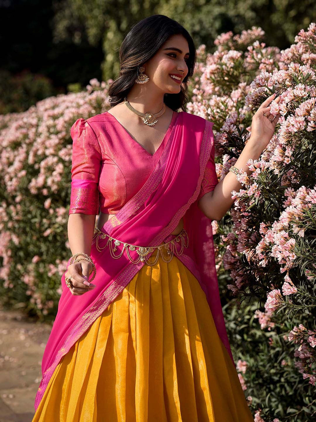 Lorenvalley Mustard Kanchipuram Zari Weaving Work Lehenga Choli with Dupatta